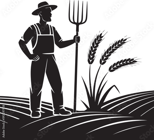 Farmer holding pitchfork in wheat field during harvest season morning