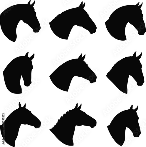 Horse head silhouette collection set, equestrian animal icon design, black shape isolated, modern flat vector illustration pack