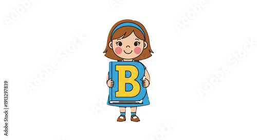 Cute young girl standing and happily holding a large yellow letter B block, isolated white background.