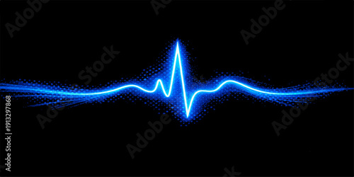 Abstract blue wave EKG pulse line on a black background showing a digital medical electrocardiogram heartbeat monitor graph for health technology design