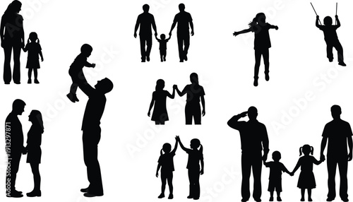 Collection of family silhouettes isolated on background, parents and children together, love care parenting people set human relationship illustration bundle