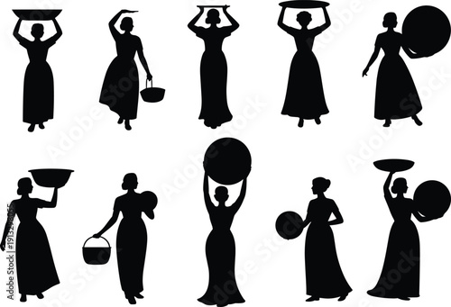 Village women carrying baskets silhouette collection set, rural lifestyle poses isolated, traditional culture modern flat vector illustration pack design
