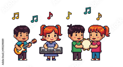 Group of children playing guitar, keyboard, and dancing together in a cheerful scene.