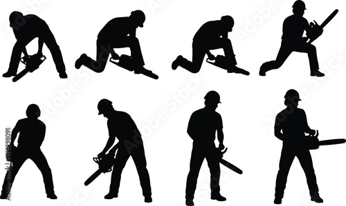 Collection of lumberjack worker silhouettes with chainsaw isolated on background, forestry cutting wood industry logging profession illustration set bundle concept