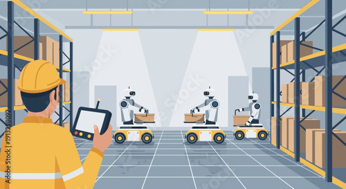 Industrial warehouse scene with forklifts, shelving, and a supervisor using a tablet.