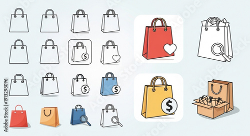 Colorful shopping bags with money symbols and heart on light background for e commerce and retail concepts