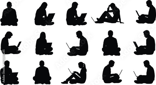 Collection of people using laptop silhouettes isolated on background, students working online technology learning illustration set bundle concept design