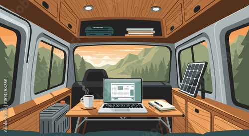Cozy camper van interior workspace with laptop, coffee and solar panels overlooking mountains and nature.