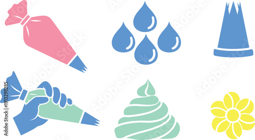 Baking and pastry decoration set, colorful piping bag icons with whipped cream swirls and floral frosting elements vector illustration isolated on white background.