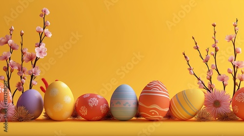 Colorful Easter eggs celebrating spring holiday with blooming flowers. Easter wallpaper. Bright Easter eggs and blossoming branches creating a festive spring holiday scene on a yellow background