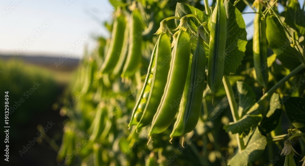 Fototapeta premium Fresh green pea pods growing on a vine in a sunny field, ready for harvest.