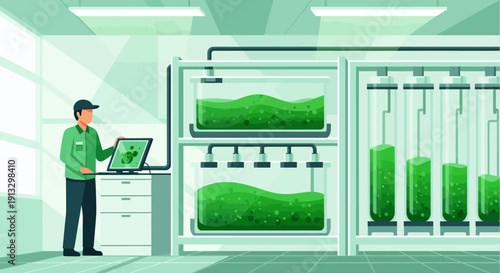 Technician monitors indoor hydroponic farm with vertical towers of greens in a controlled environment.