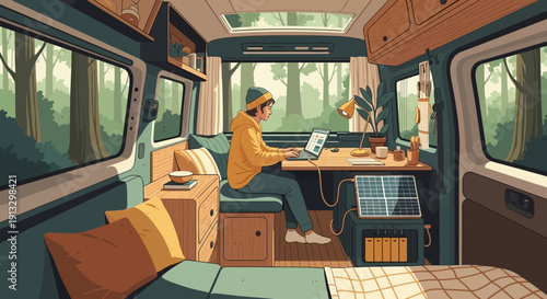 Cozy van interior with travelers sharing a meal during a road trip adventure.