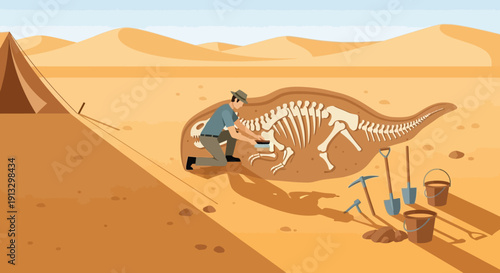 Archaeological excavation in a desert reveals dinosaur skeleton amid tools and distant pyramids.