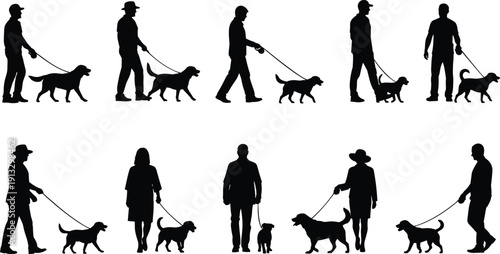 Collection of people walking dog silhouettes isolated on background, pet owner outdoor activity animal illustration set bundle concept design