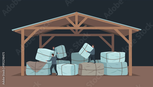Industrial storage area under a wooden shelter with stacked pallets and boxes in a yard.