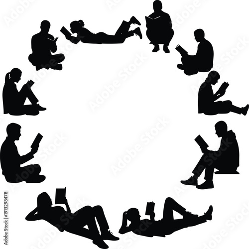 Collection of reading people silhouettes isolated on background, students and readers with books education learning knowledge illustration set bundle concept design