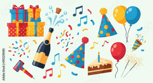 Vibrant birthday celebration elements with gifts cake champagne and party hats on white background