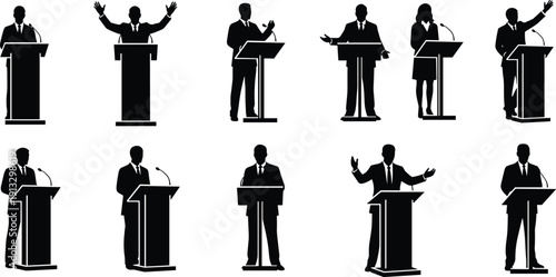 Collection of speaker silhouettes at podium isolated on background, business presentation public speech conference communication leadership illustration set bundle concept