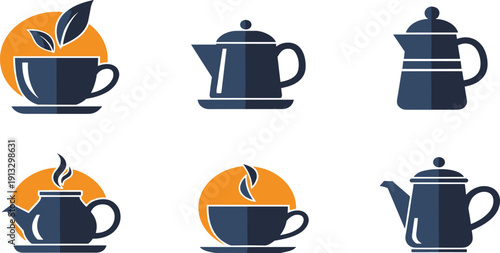 Coffee and tea pot icons set, dark blue silhouettes with steaming cups, natural tea leaves and hot beverage kettle symbols vector illustration isolated on white background.