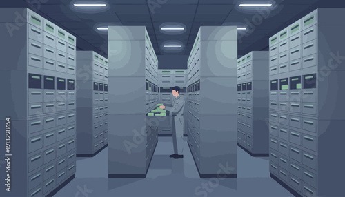 A data center server room with rows of racks and cooling infrastructure under blue lighting.