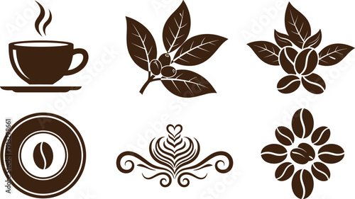 Coffee shop and roasted bean icons set, brown silhouettes with steaming coffee cup, natural coffee leaves and decorative bean symbols vector illustration isolated on white background.