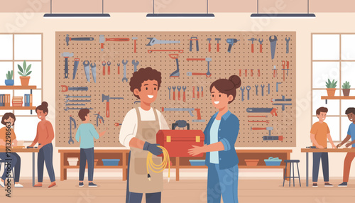 Busy craft workshop and hardware store with staff guiding customers among organized shelves and tools.