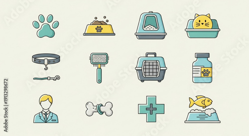 Pet care icons set including food bowl pet carrier medicine and grooming tools on beige background