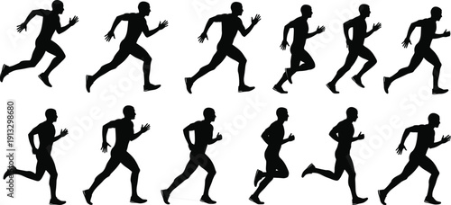 Collection of running athlete silhouettes isolated on background, sprinting man motion fitness sport exercise training speed action illustration set bundle concept