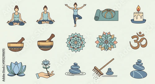 Yoga and wellness icons set with meditation symbols people plants and accessories on a beige background