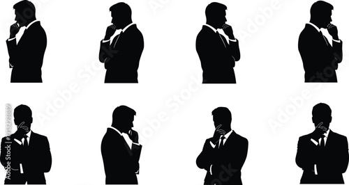 Collection of thinking businessman silhouettes isolated on background, thoughtful professional men decision making problem solving corporate illustration set bundle concept