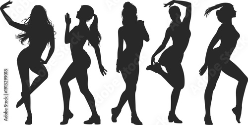 Diverse female silhouettes in dynamic dance poses showcasing elegance and movement against a clean white background