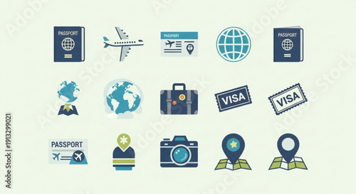 Travel icons set including passport visa airplane globe and camera on light green background for travel and tourism concept