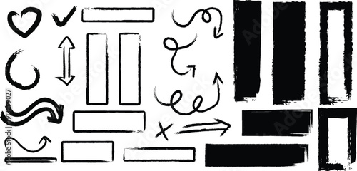 black highlight marker lines isolated on white background. Various marker pen strokes with different length and thickness hand drawn set. Realistic vector graphic modern design elements.