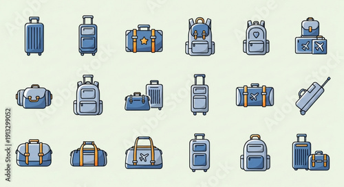Collection of various travel luggage and bags in blue and gray hues for travel and transportation needs