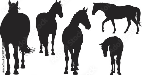 Collection of five black horse silhouettes in various poses and orientations on a white background showcasing different angles and movements