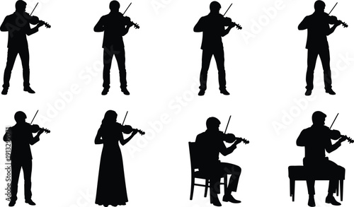Collection of violinist silhouettes isolated on background, classical musician playing violin music performance illustration set bundle concept design