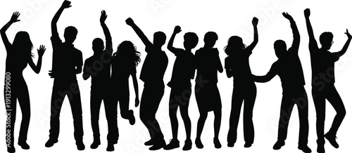 Diverse group of people silhouettes in celebratory poses with arms raised in excitement and joy against a white backdrop