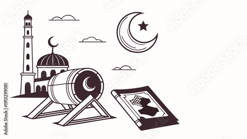 Set of vector illustration icons featuring a film reel and movie cameras as artistic symbols for business design and decoration