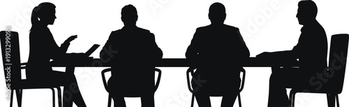 Diverse group of professionals in silhouette engaged in a business meeting around a conference table with laptops and chairs