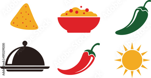 Mexican food and restaurant elements set, flat vector icons with nachos, chili peppers, salsa bowl, serving cloche and sun isolated on white background.