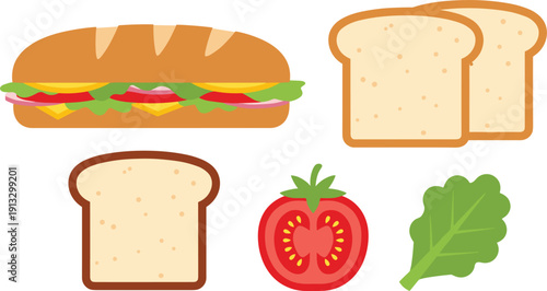 Fresh deli sandwich and bread slices set, healthy lunch ingredients with tomato slice and green lettuce leaf vector illustration isolated on white background.