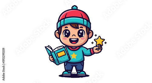 Cute Cartoon Boy in Winter Clothes Standing Reading an Open Book Holding a Glowing Star Magical Learning on Isolated White Background