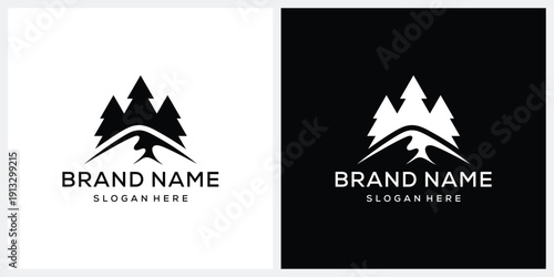 Mountain Summit Peak Hill Rock with Evergreen Pine logo design
