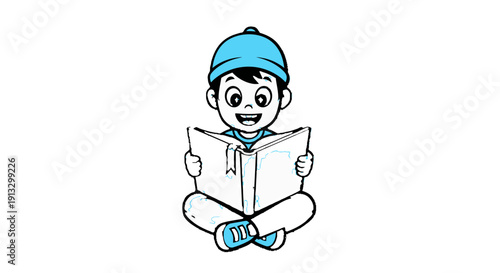 Focused Cartoon Boy in Winter Clothes Sitting Cross-legged and Reading Book on Isolated White Background