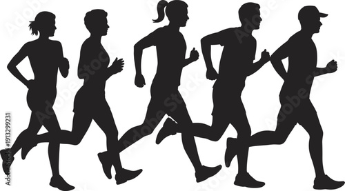 Silhouettes of five diverse individuals running in unison, showcasing fitness, health, and active lifestyle against a white background