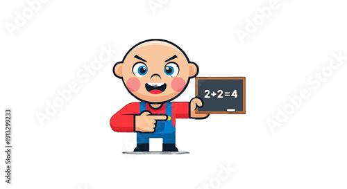 Happy Cartoon Boy Student Holding Blackboard with Math Problem on Isolated White Background