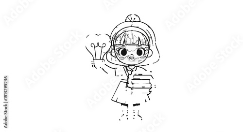 Monochrome illustration of a smart little girl wearing a beanie, holding books and a glowing lightbulb, symbolizing learning, new ideas, and intellectual growth, isolated white background.