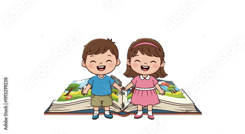 Happy little boy and girl standing cheerfully in front of a giant open book, symbolizing shared learning, friendship, and the joy of education, isolated white background.
