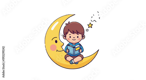 Dreamy little boy sitting peacefully on a crescent moon, reading an open book with stars sparkling around, symbolizing imagination and bedtime stories, isolated white background.